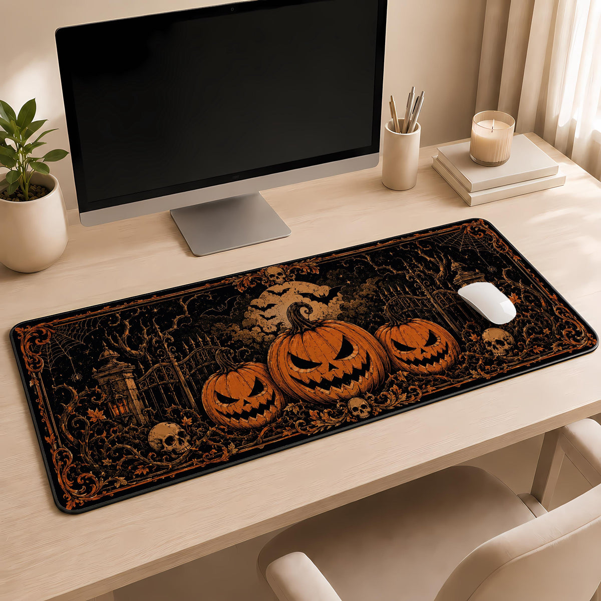 Halloween Desk Mat, Spooky Pumpkin Desk Pad, Jack O Lantern Extra Large Mousepad