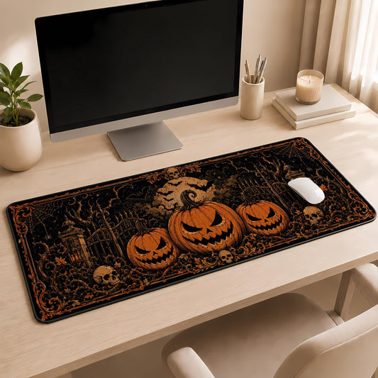 Halloween Desk Mat, Spooky Pumpkin Desk Pad, Jack O Lantern Extra Large Mousepad