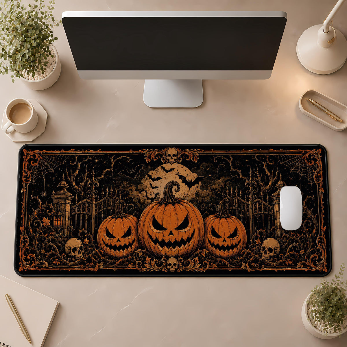 Halloween Desk Mat, Spooky Pumpkin Desk Pad, Jack O Lantern Extra Large Mousepad
