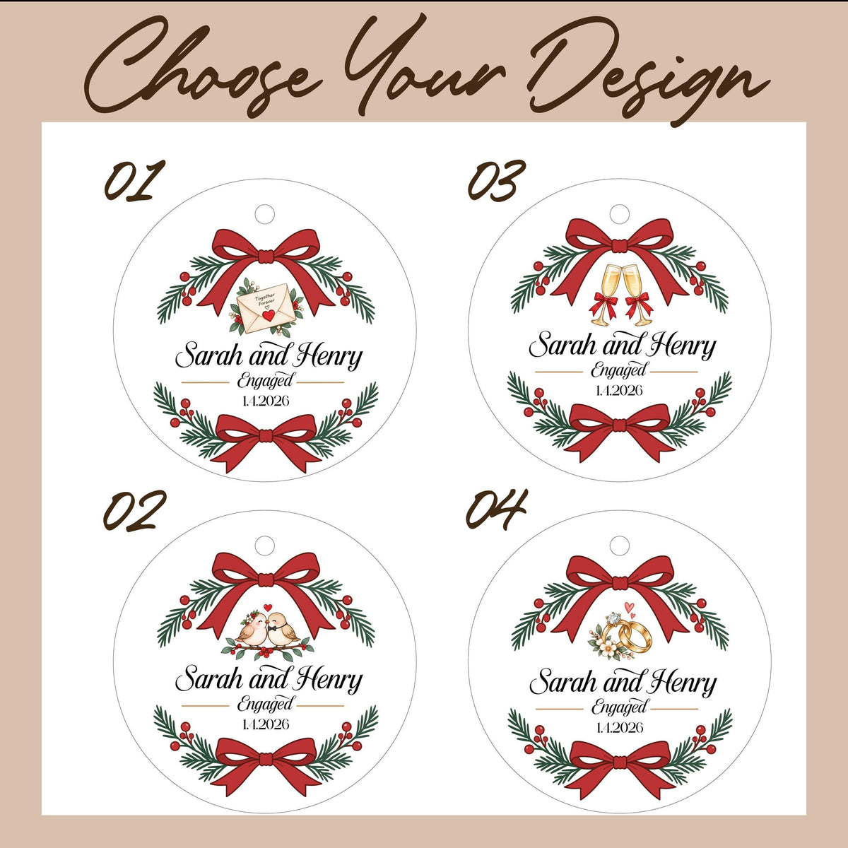 Personalized Red Ribbon Engagement Ceramic Keepsake, Custom Name Engaged Couple Ornament