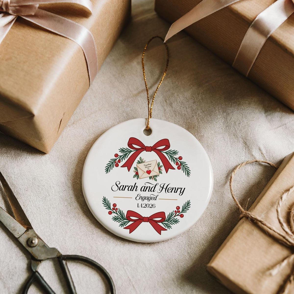 Personalized Red Ribbon Engagement Ceramic Keepsake, Custom Name Engaged Couple Ornament