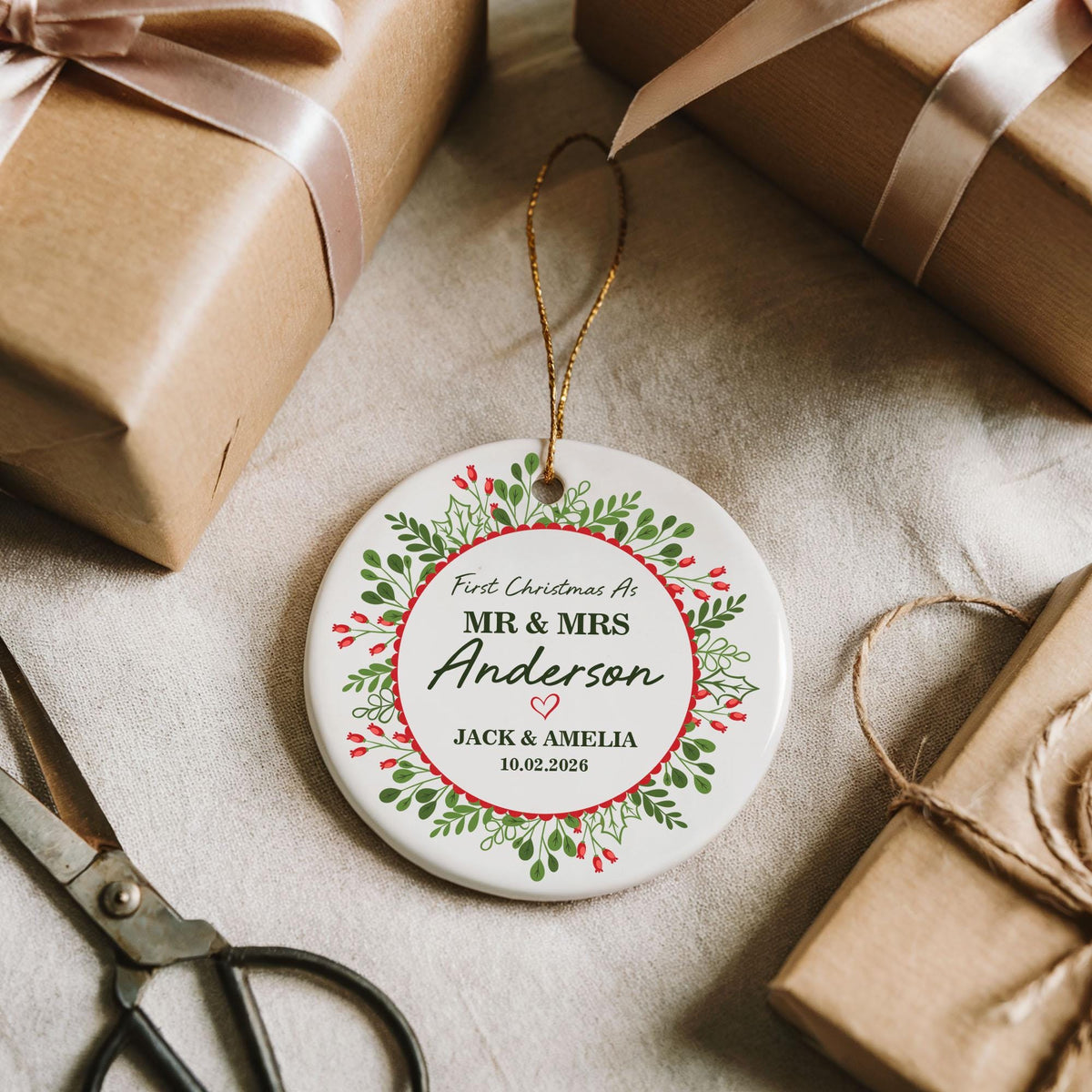 Personalized Botanical Wreath Married Holiday Ornament
