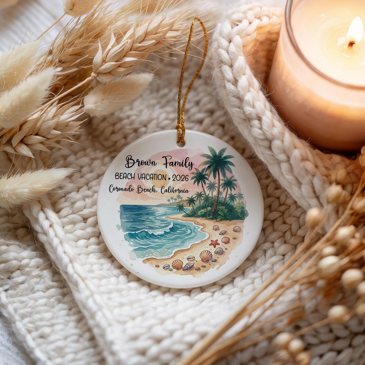 Personalized Beach Vacation Ceramic Keepsake, Custom Family Name and Location Travel Ornament