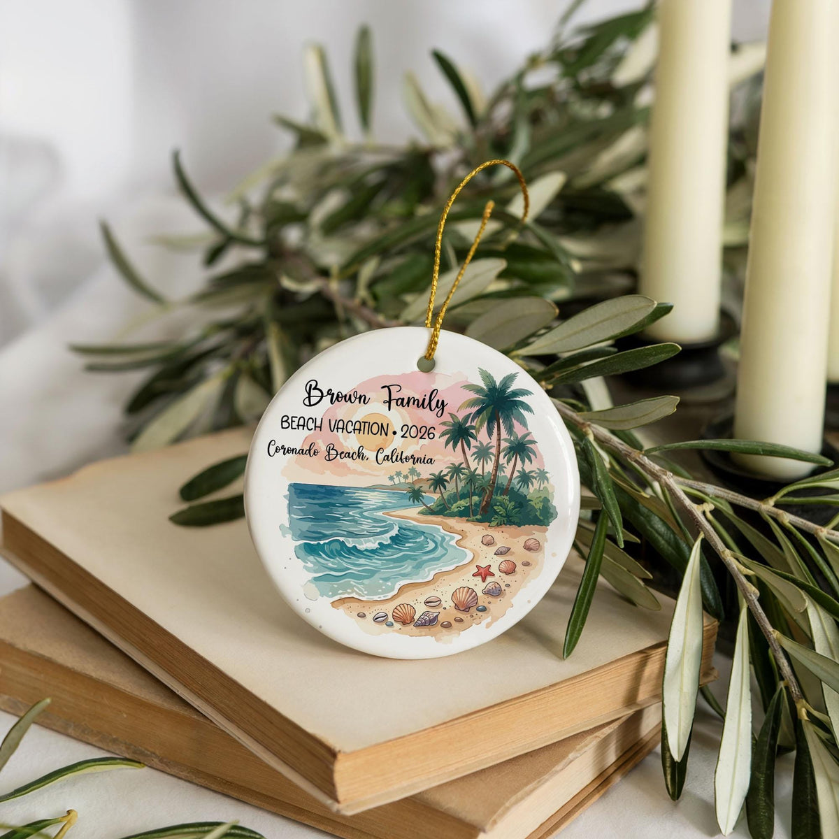 Personalized Beach Vacation Ceramic Keepsake, Custom Family Name and Location Travel Ornament