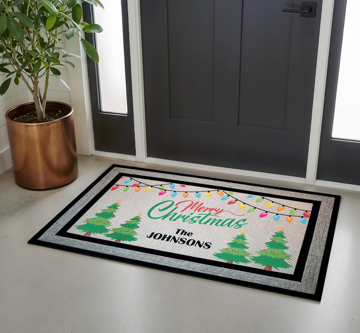 Merry Christmas Doormat, Pine Berries, Holiday Porch Decor (Customizable)