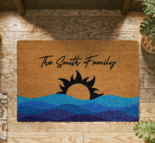 Personalized Family Name Summer Doormat, Sun & Waves Family Mat, Custom Entryway New Home Gift