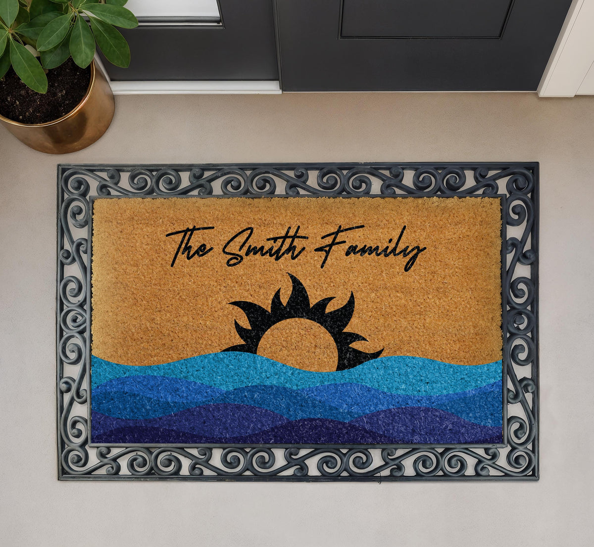 Personalized Family Name Summer Doormat, Sun & Waves Family Mat, Custom Entryway New Home Gift