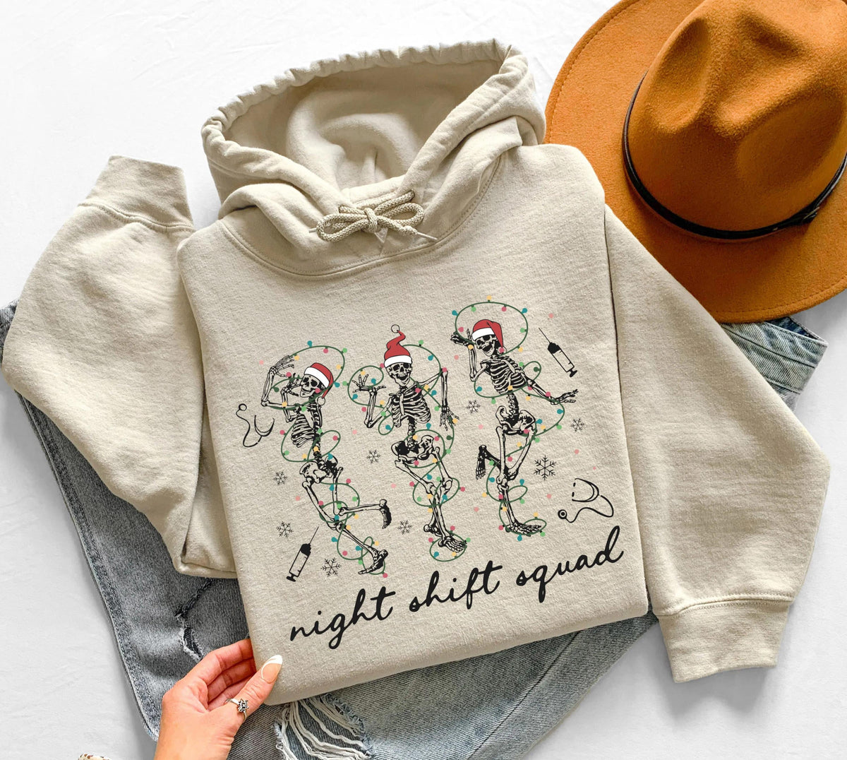 Christmas Skeleton Nurse Hoodie, Night Shift Nurse Squad Sweatshirt, Holiday Nursing Gift Shirt