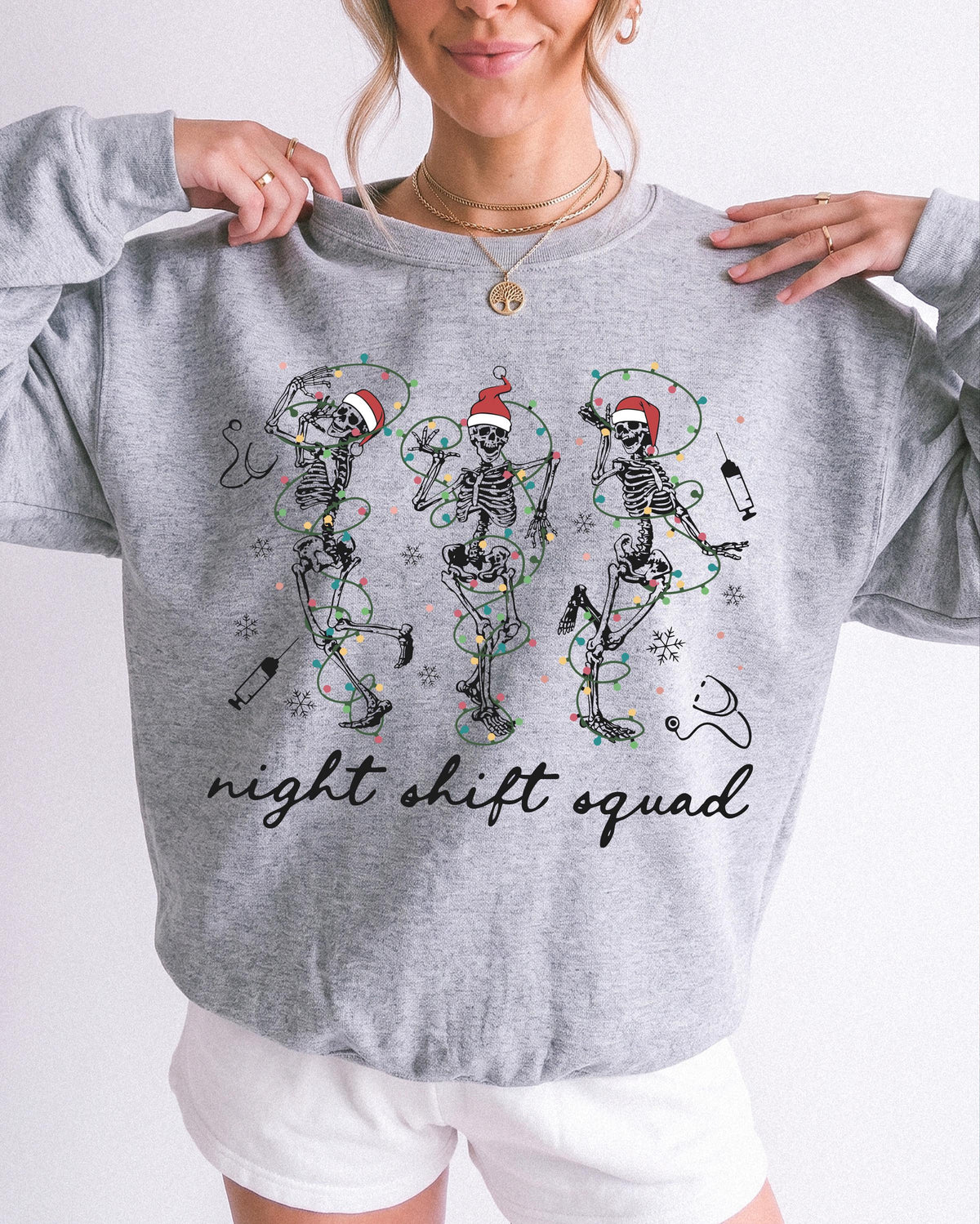 Christmas Skeleton Nurse Hoodie, Night Shift Nurse Squad Sweatshirt, Holiday Nursing Gift Shirt