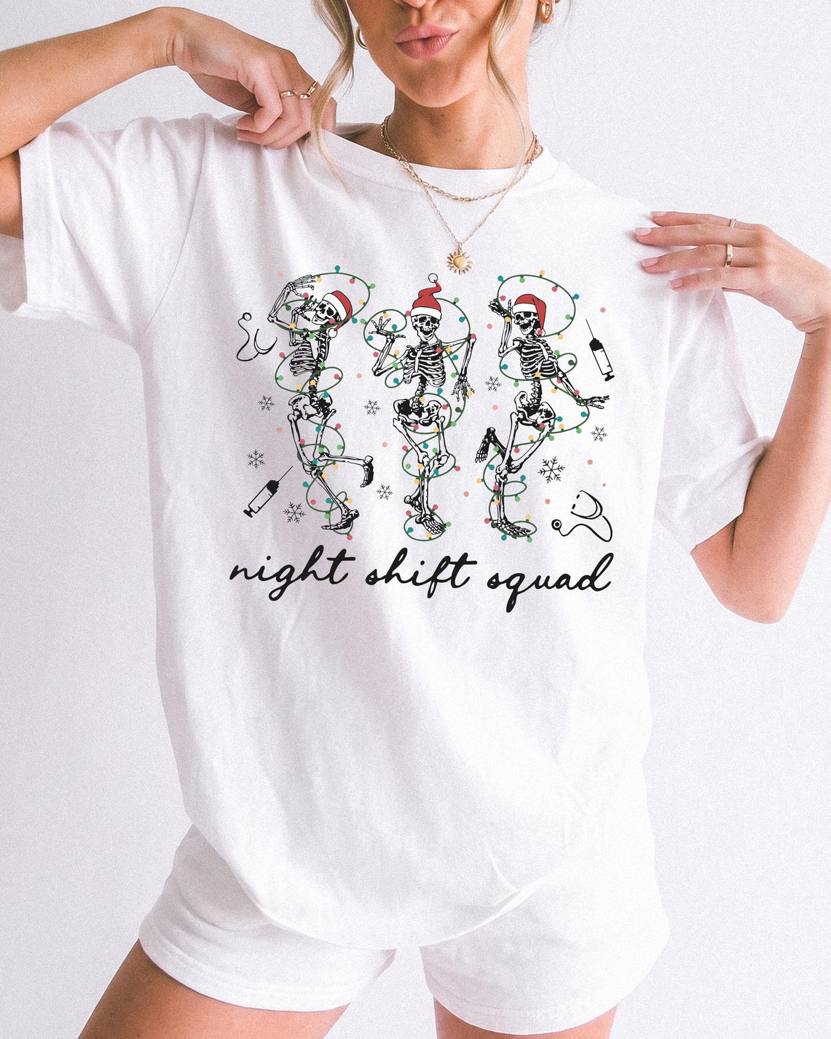 Christmas Skeleton Nurse Hoodie, Night Shift Nurse Squad Sweatshirt, Holiday Nursing Gift Shirt