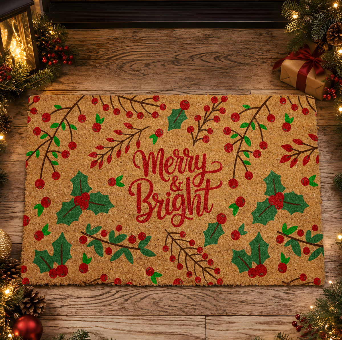 Christmas Holly Leaves Pattern Doormat, Merry and Bright Holiday Welcome Mat