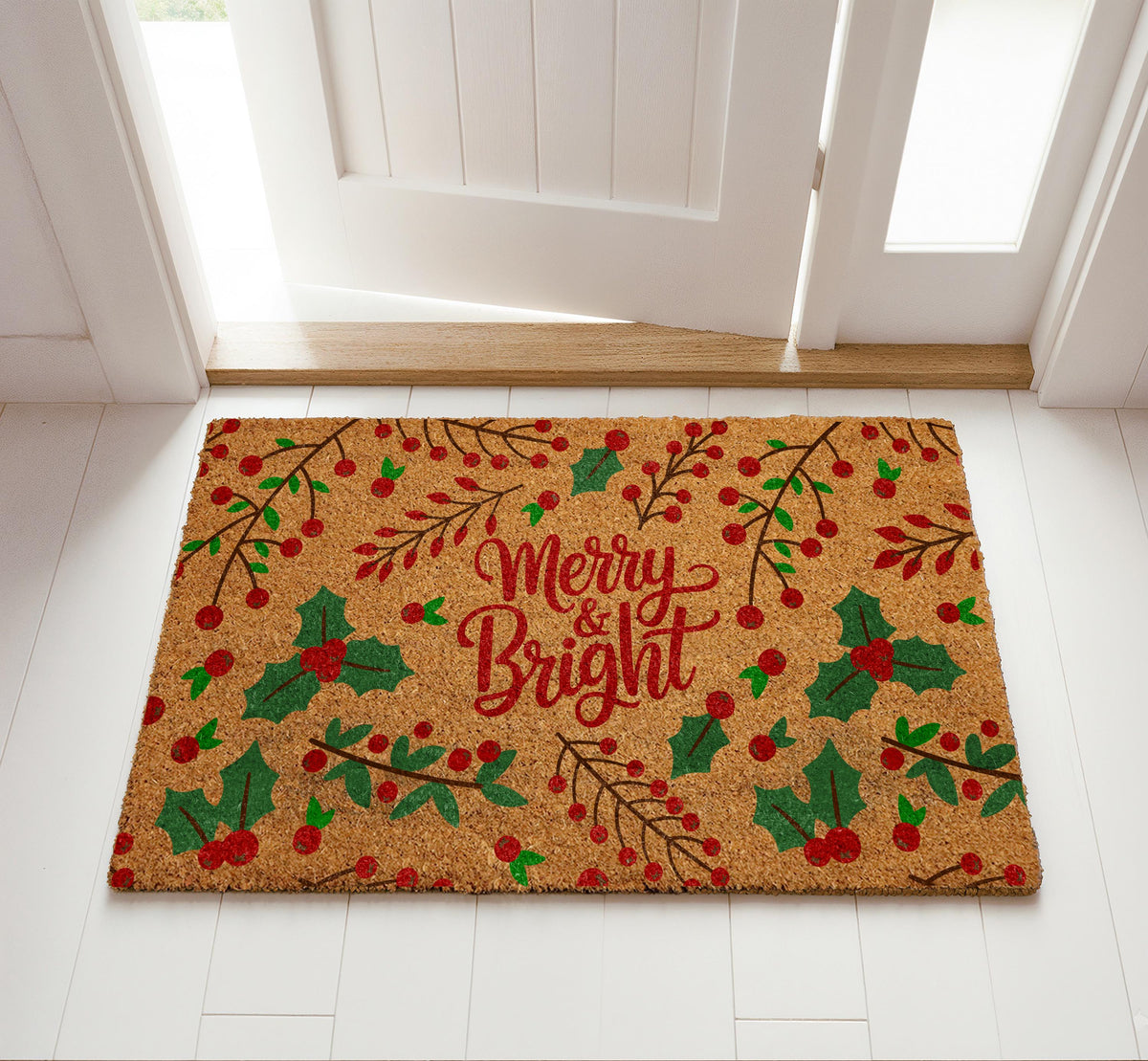 Christmas Holly Leaves Pattern Doormat, Merry and Bright Holiday Welcome Mat