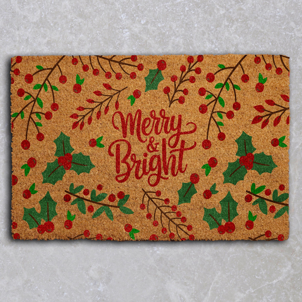Christmas Holly Leaves Pattern Doormat, Merry and Bright Holiday Welcome Mat