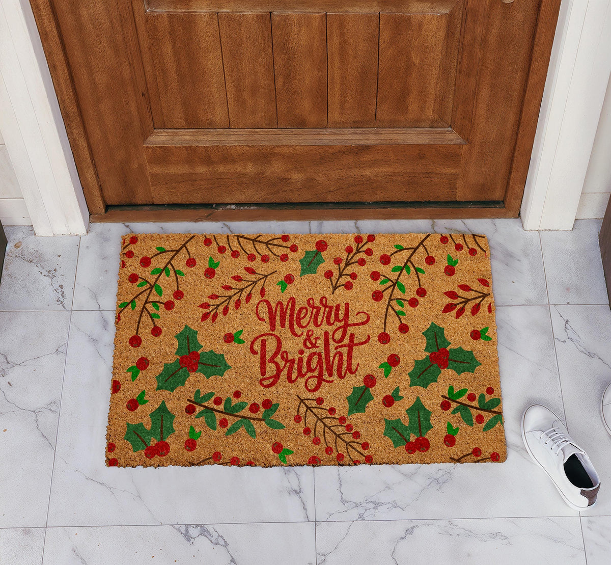 Christmas Holly Leaves Pattern Doormat, Merry and Bright Holiday Welcome Mat