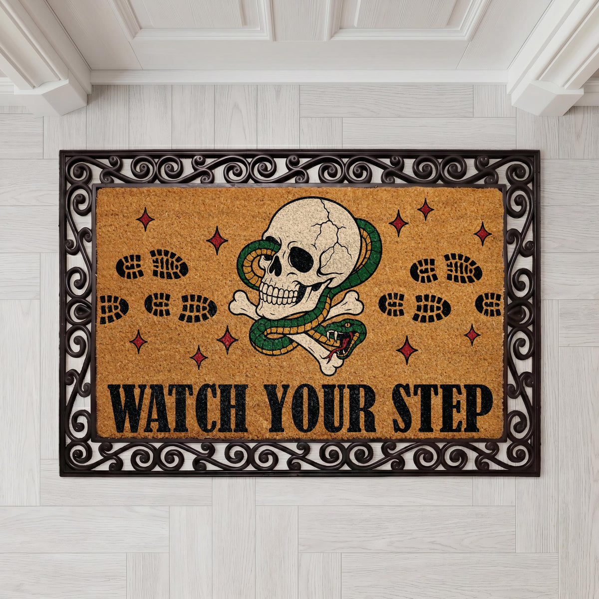 Watch Your Step Skull Snake Doormat, Gothic Halloween Welcome Mat (Coir)