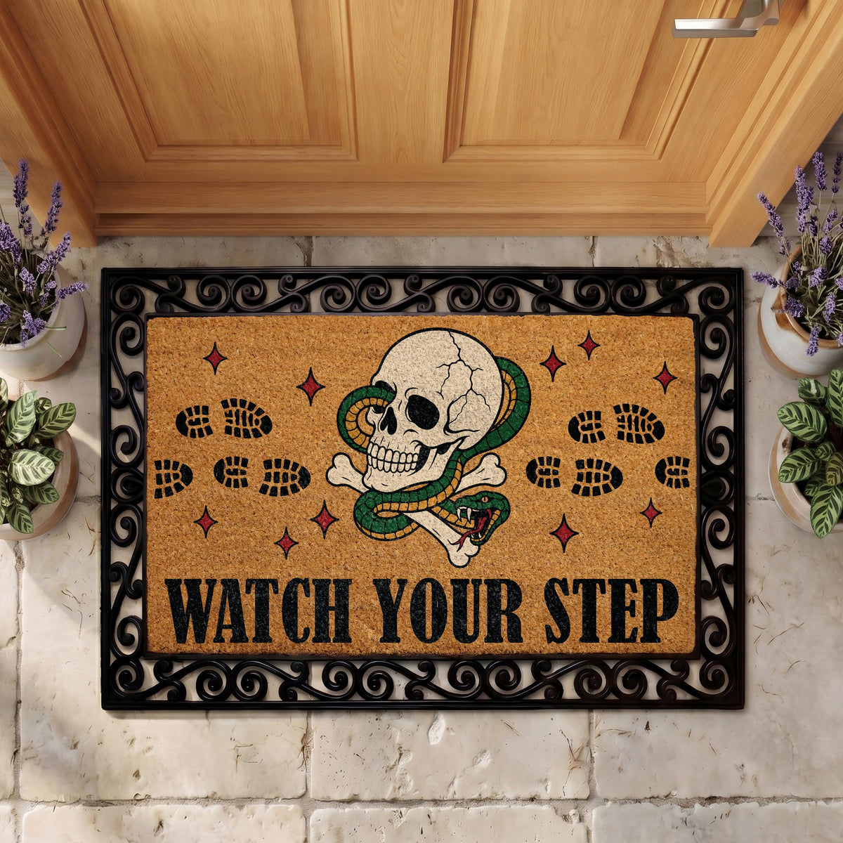 Watch Your Step Skull Snake Doormat, Gothic Halloween Welcome Mat (Coir)
