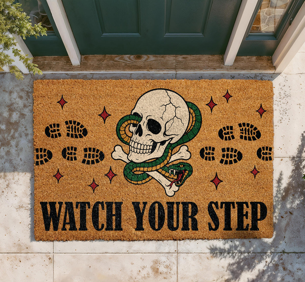 Watch Your Step Skull Snake Doormat, Gothic Halloween Welcome Mat (Coir)