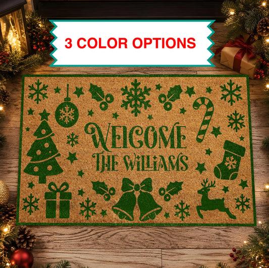 Custom Family Name Holiday Icons Doormat, Personalized Christmas Welcome Mat