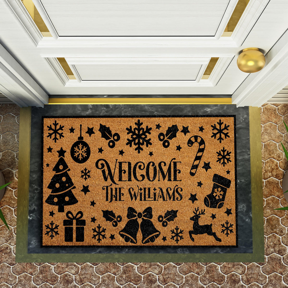 Custom Family Name Holiday Icons Doormat, Personalized Christmas Welcome Mat