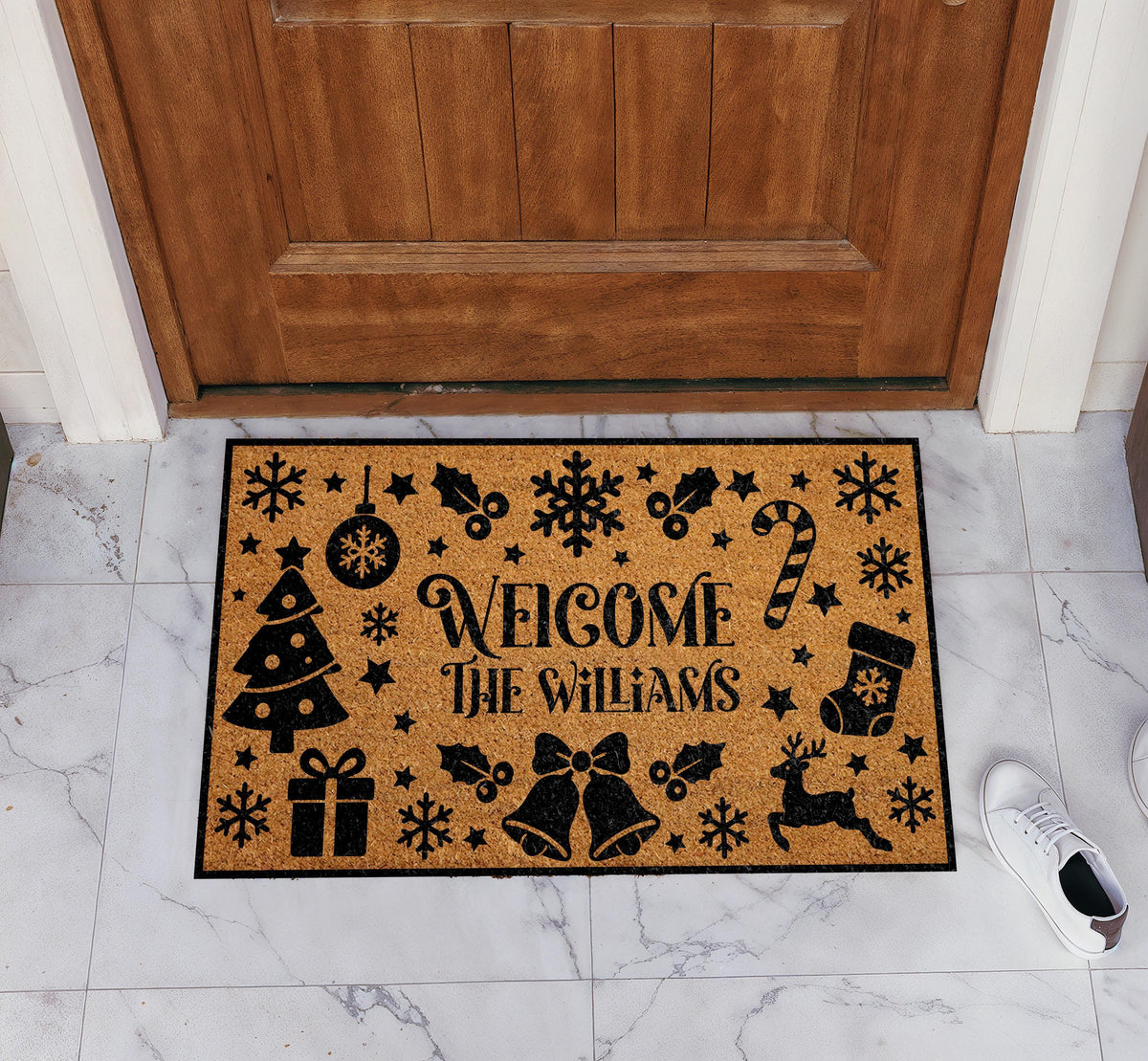Custom Family Name Holiday Icons Doormat, Personalized Christmas Welcome Mat