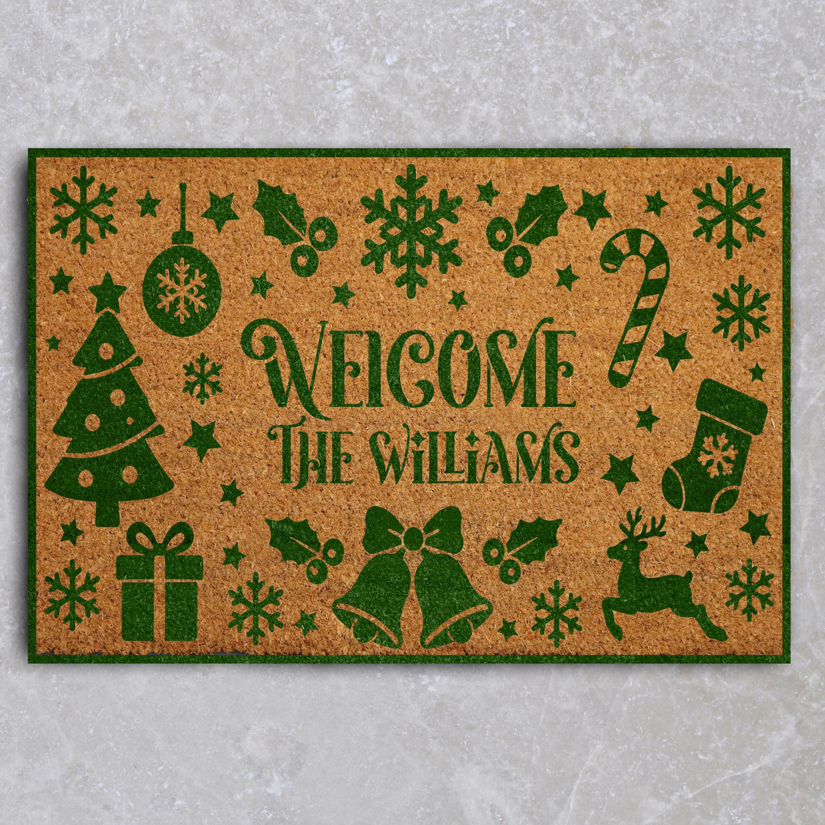 Custom Family Name Holiday Icons Doormat, Personalized Christmas Welcome Mat