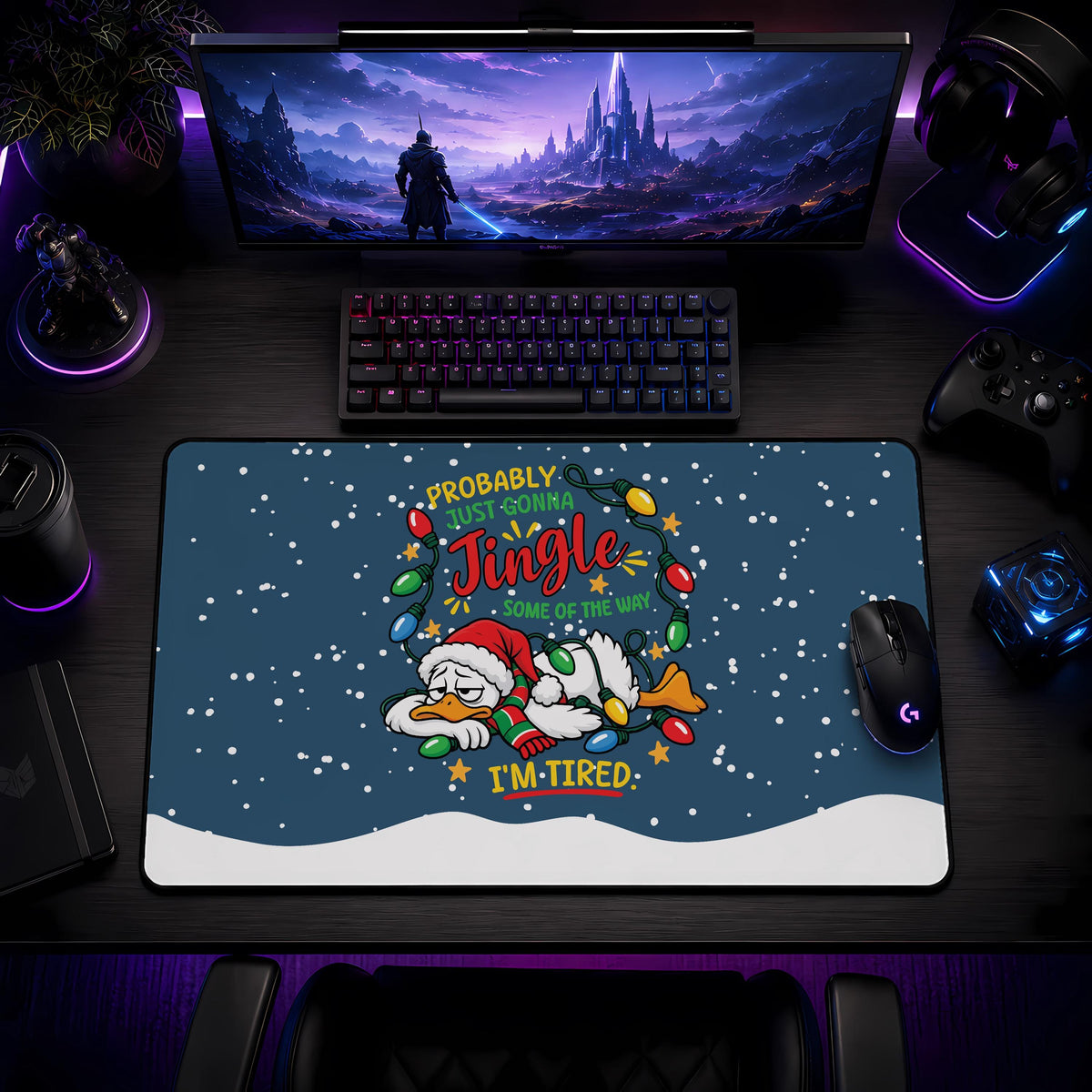 Christmas Duck Gaming Mouse Pad, Lazy Santa Duck Desk Mat (14x24")