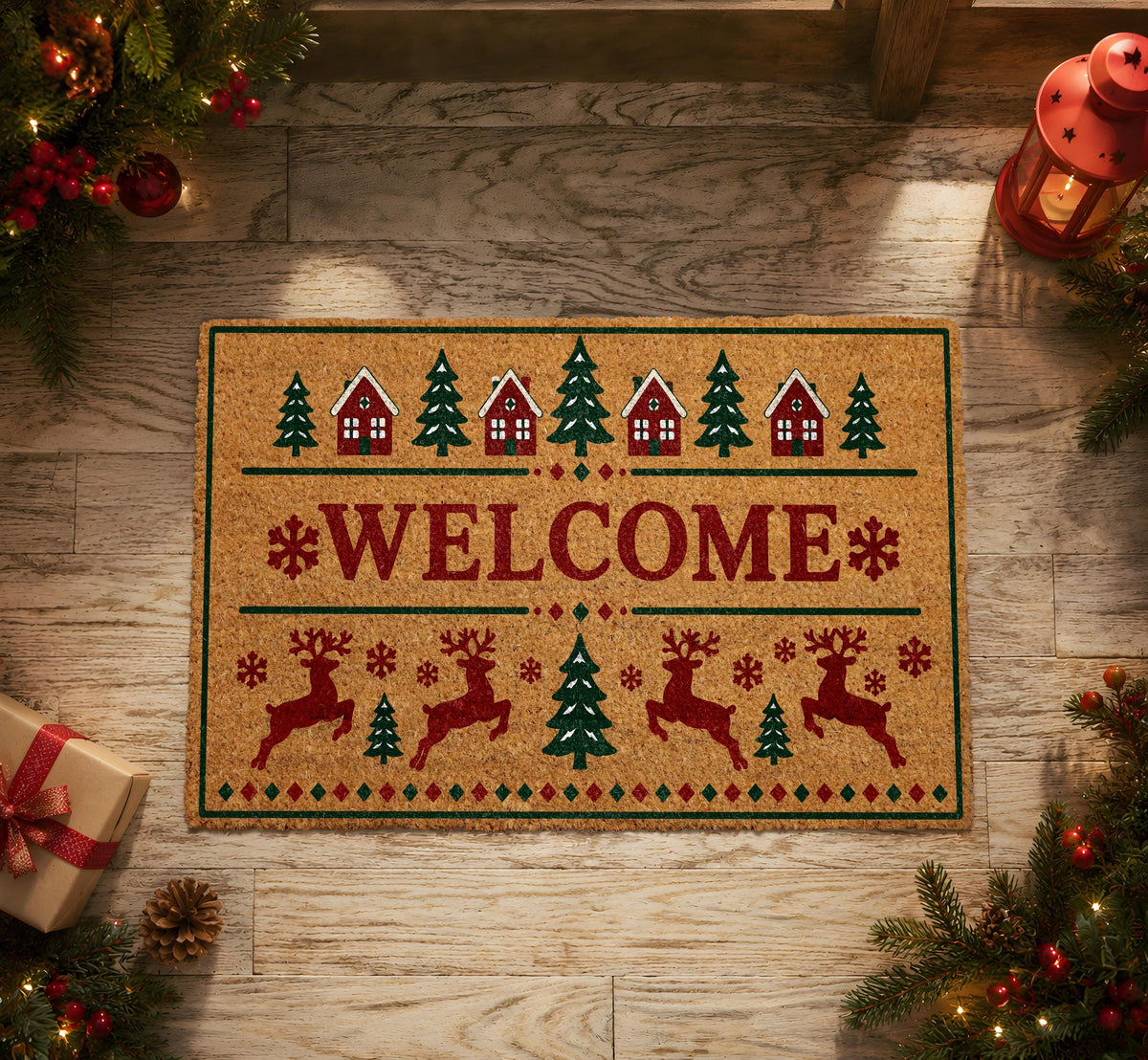 Holiday Village & Reindeer Pattern Welcome Mat, Rustic Winter Porch Doormat