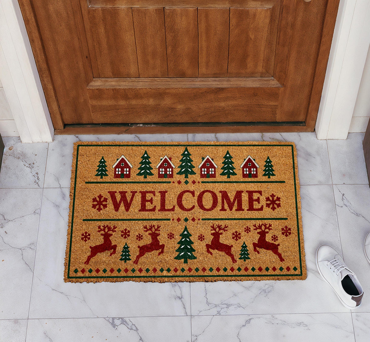 Holiday Village & Reindeer Pattern Welcome Mat, Rustic Winter Porch Doormat