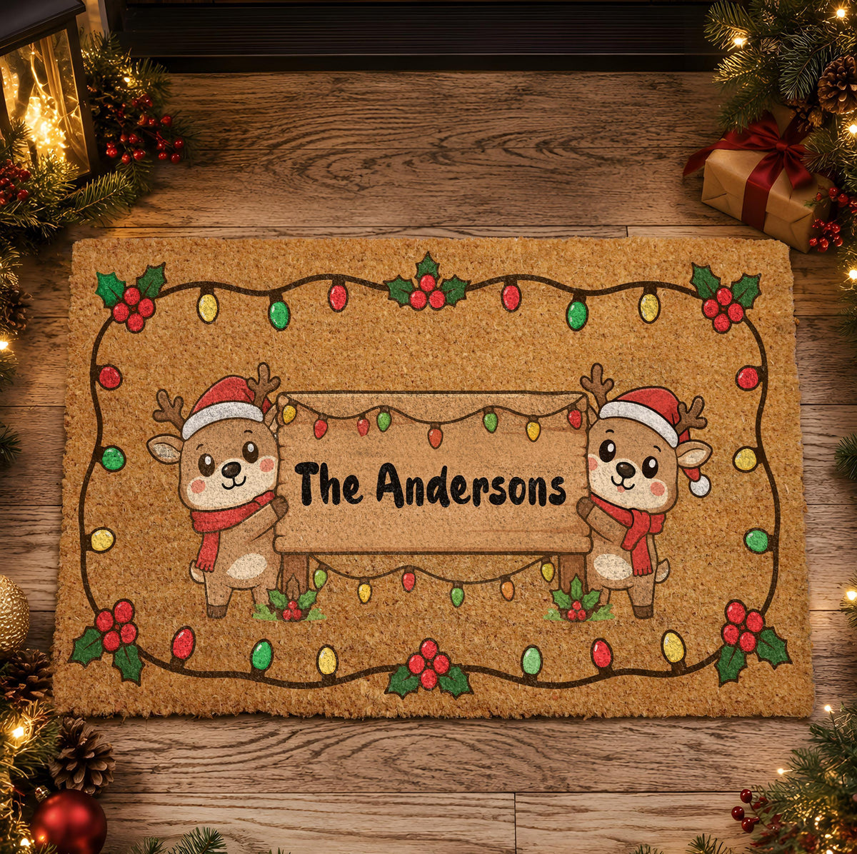 Personalized Last Name Christmas Doormat, Custom Festive Doormat with Cute Reindeers