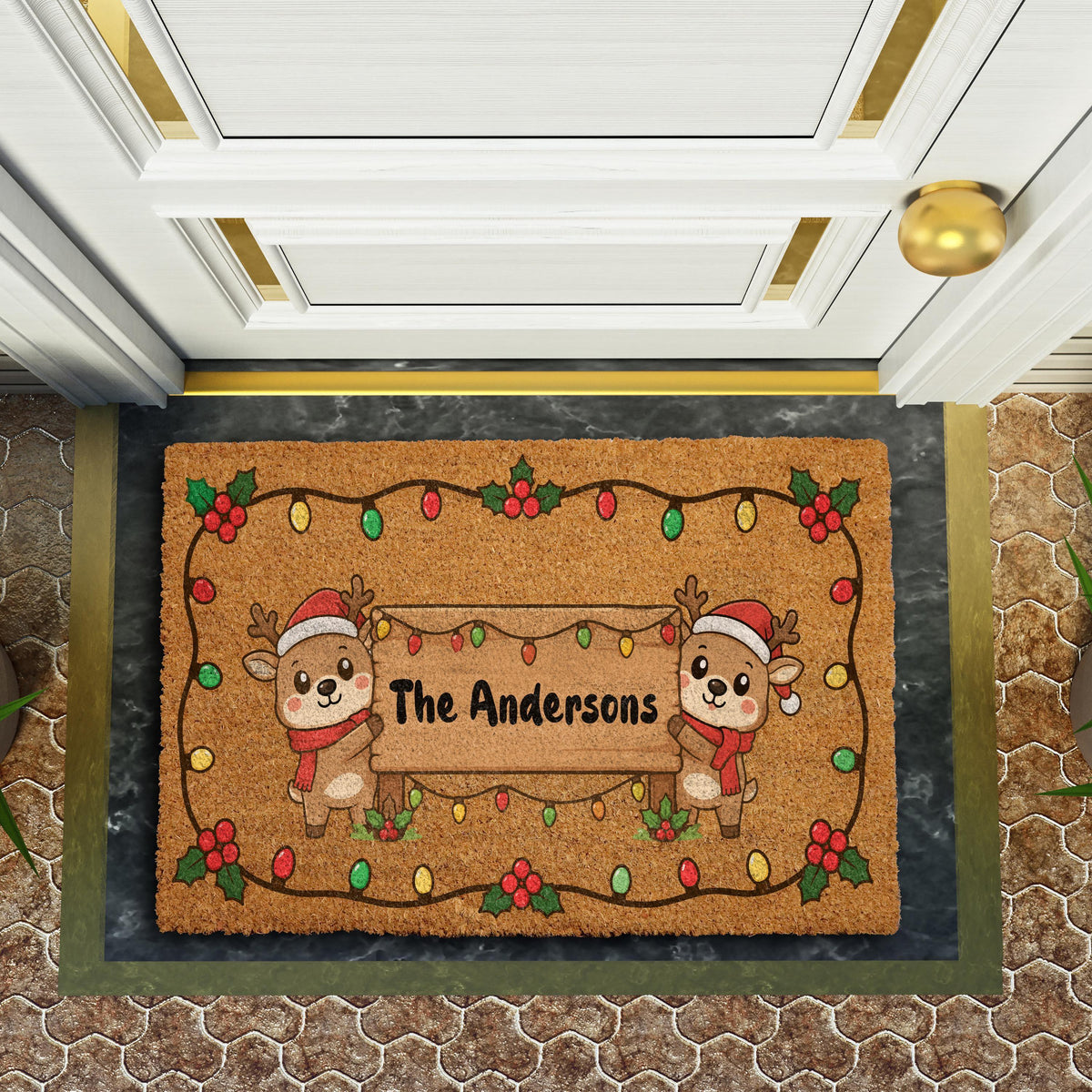 Personalized Last Name Christmas Doormat, Custom Festive Doormat with Cute Reindeers