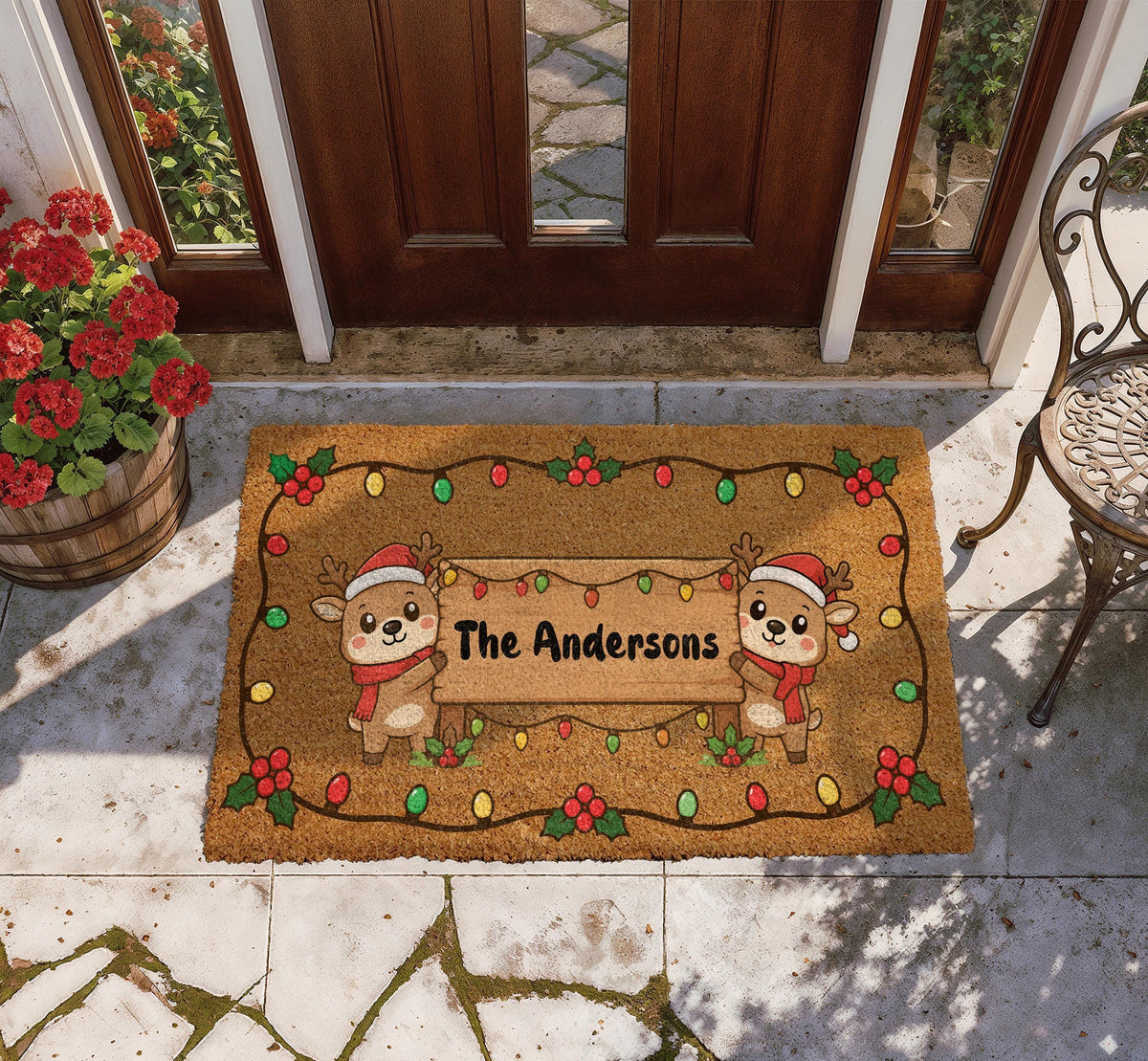 Personalized Last Name Christmas Doormat, Custom Festive Doormat with Cute Reindeers