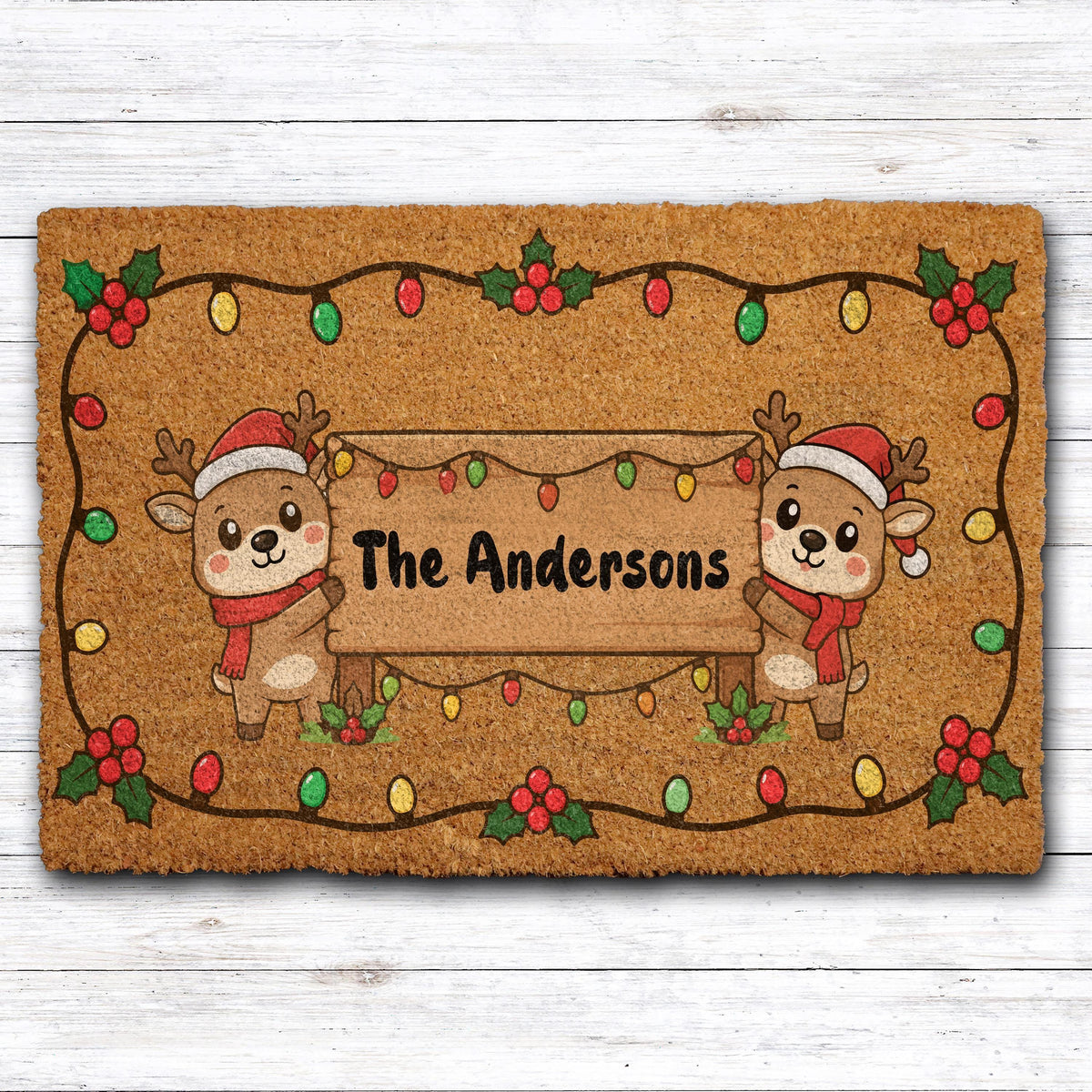 Personalized Last Name Christmas Doormat, Custom Festive Doormat with Cute Reindeers