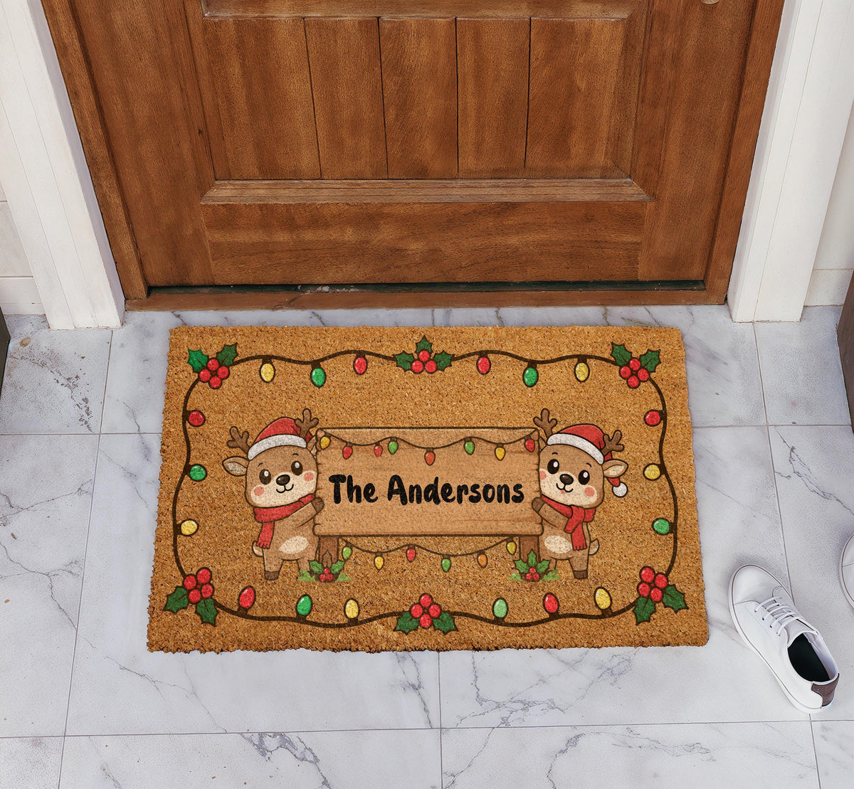 Personalized Last Name Christmas Doormat, Custom Festive Doormat with Cute Reindeers