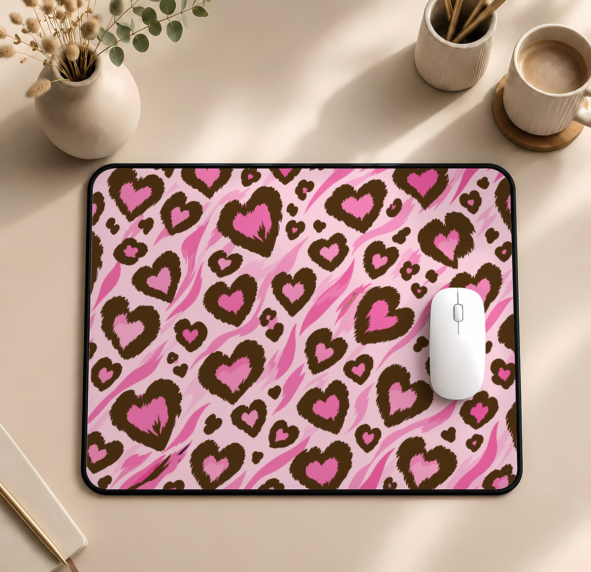 Leopard Print Heart Mousepad, Pink Cheetah Pattern Desk Mat (12x32")