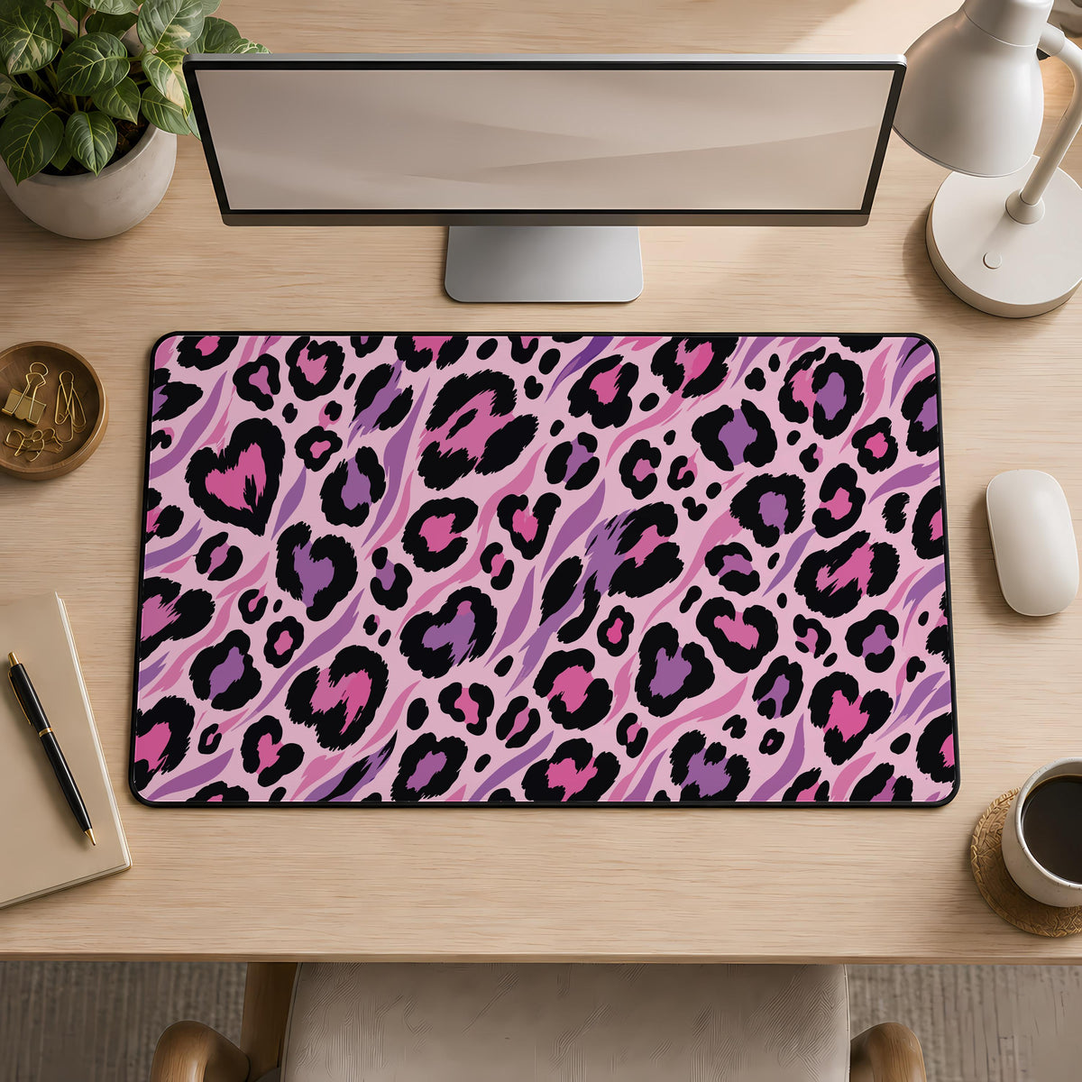 Leopard Print Heart Mousepad, Pink Cheetah Pattern Desk Mat (12x32")