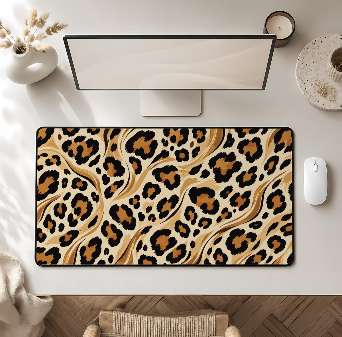 Leopard Print Heart Mousepad, Pink Cheetah Pattern Desk Mat (12x32")