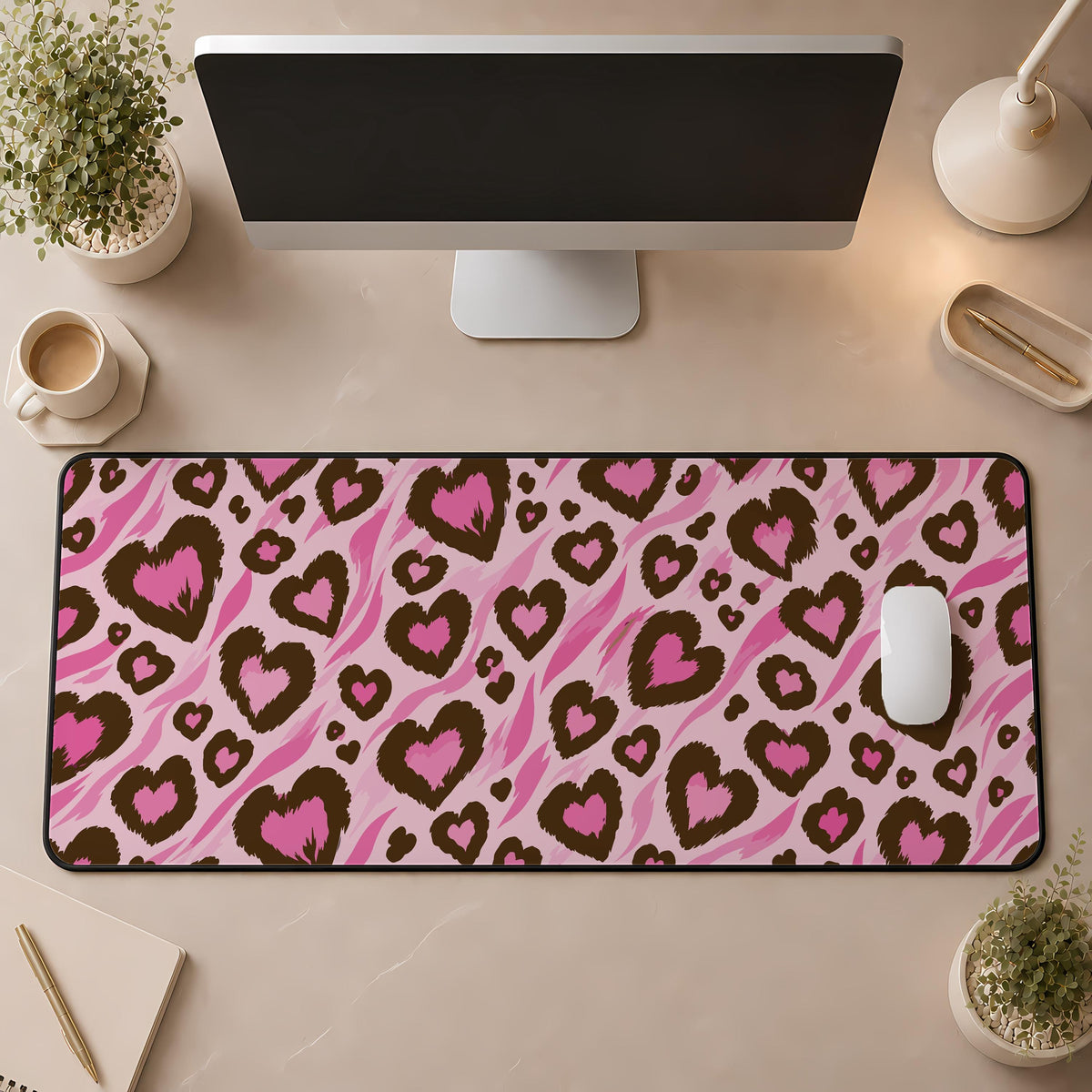Leopard Print Heart Mousepad, Pink Cheetah Pattern Desk Mat (12x32")
