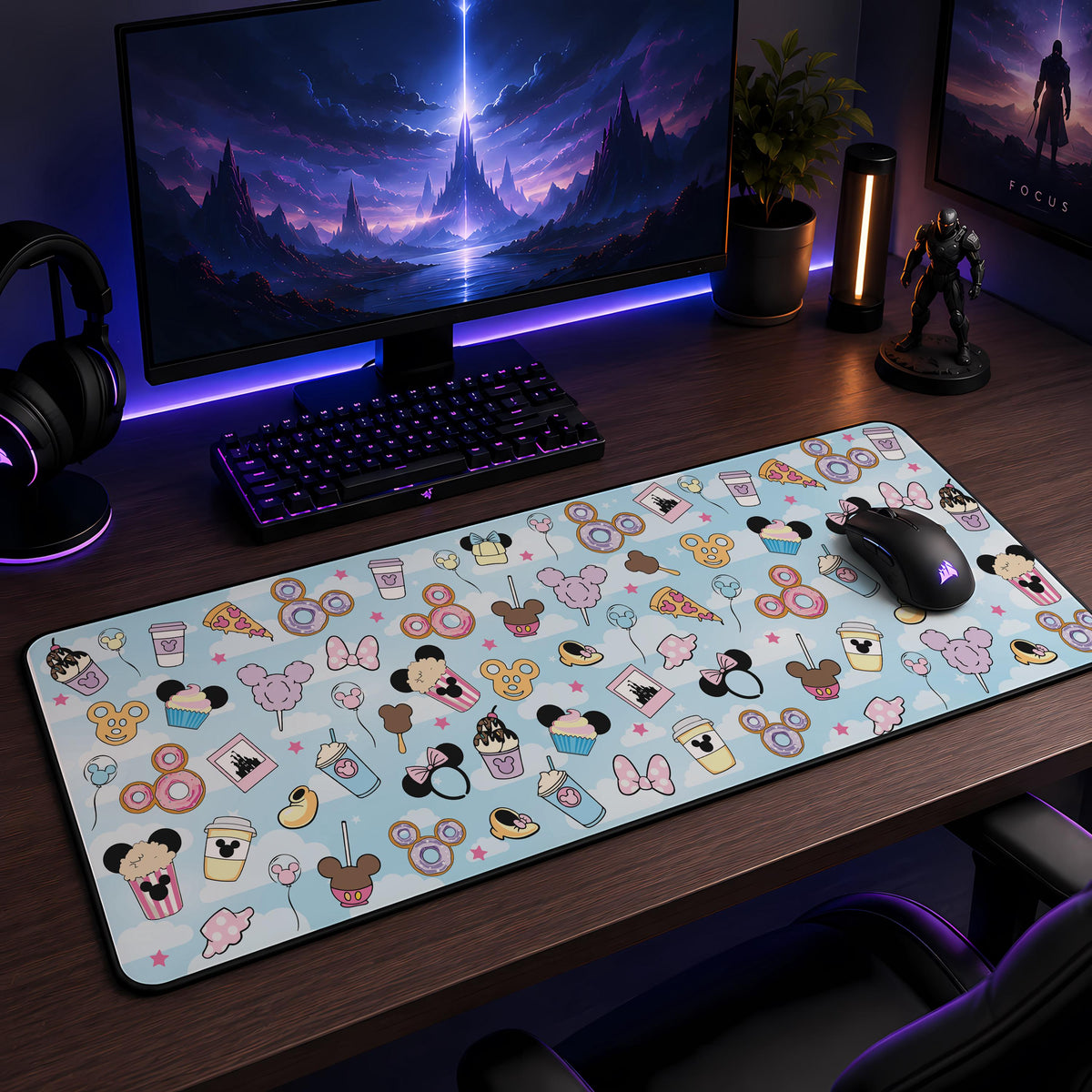 Magical Snacks Desk Mat, Cute Theme Park Treats Mouse Pad, Kawaii Pastel Gaming Desk Pad, Mouse Ear Food Keyboard Mat, Office Decor