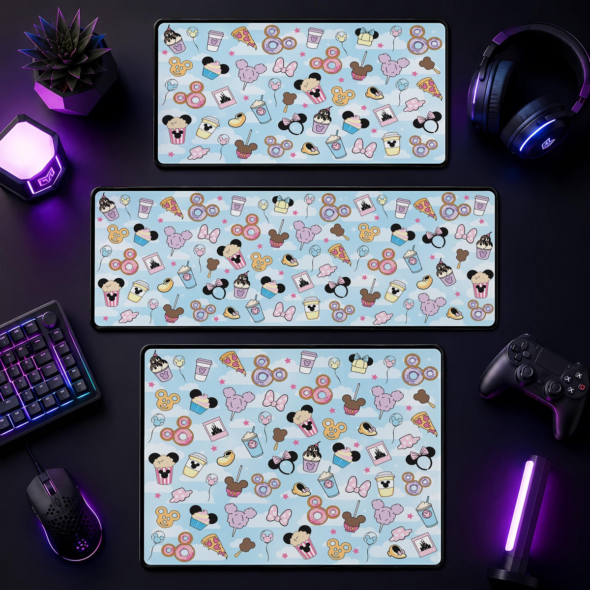 Magical Snacks Desk Mat, Cute Theme Park Treats Mouse Pad, Kawaii Pastel Gaming Desk Pad, Mouse Ear Food Keyboard Mat, Office Decor