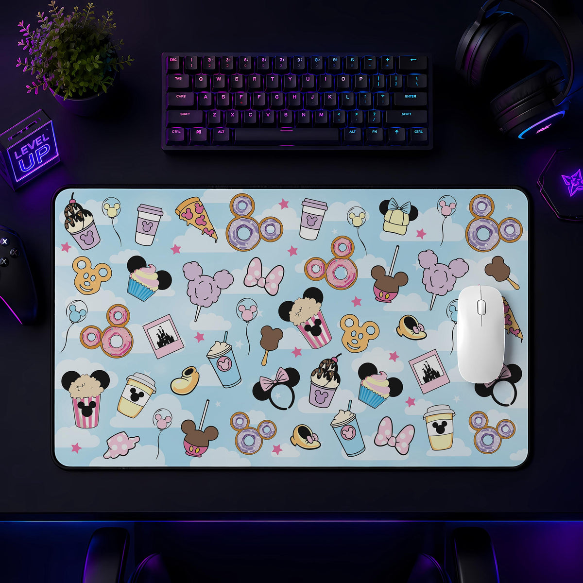 Magical Snacks Desk Mat, Cute Theme Park Treats Mouse Pad, Kawaii Pastel Gaming Desk Pad, Mouse Ear Food Keyboard Mat, Office Decor