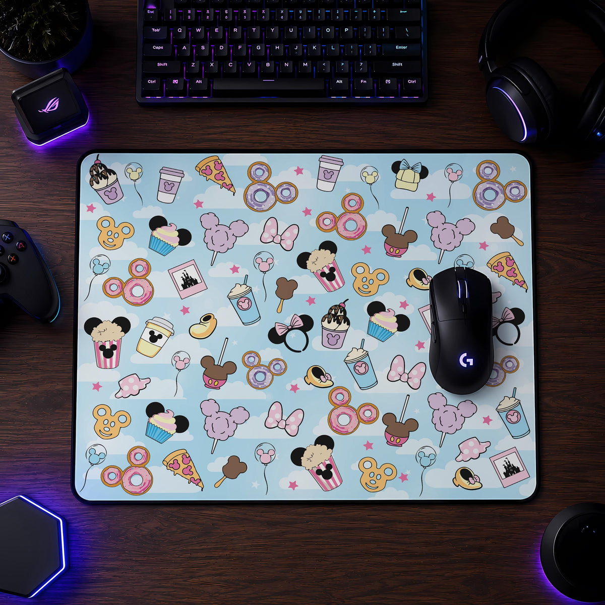 Magical Snacks Desk Mat, Cute Theme Park Treats Mouse Pad, Kawaii Pastel Gaming Desk Pad, Mouse Ear Food Keyboard Mat, Office Decor