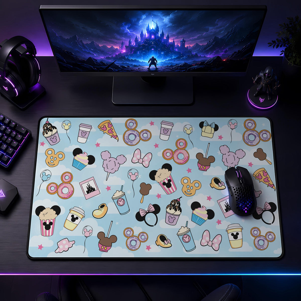 Magical Snacks Desk Mat, Cute Theme Park Treats Mouse Pad, Kawaii Pastel Gaming Desk Pad, Mouse Ear Food Keyboard Mat, Office Decor