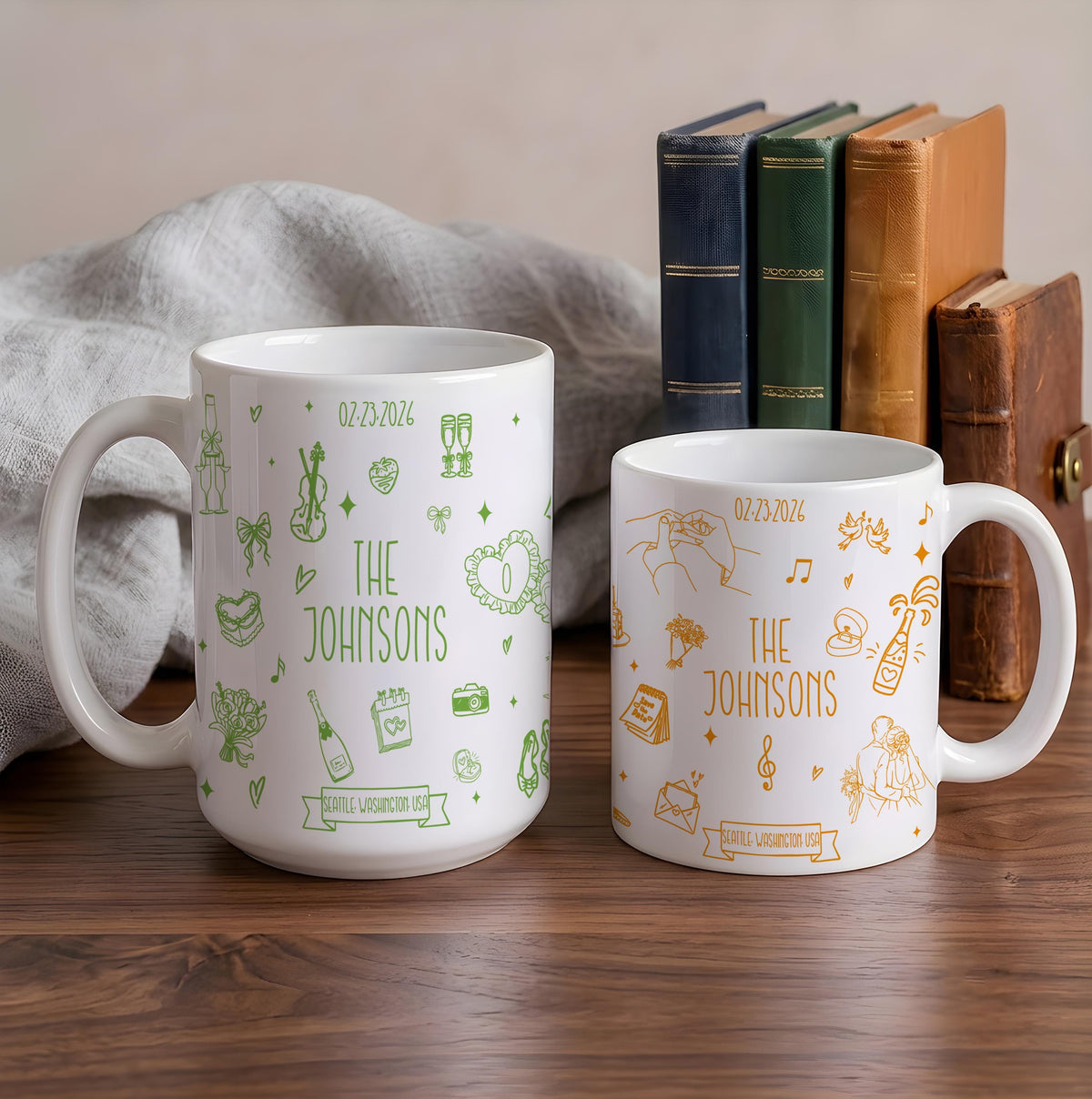 Custom Doodle Wedding Mug Set, Personalized Couple Coffee Cups (11oz or 15oz)