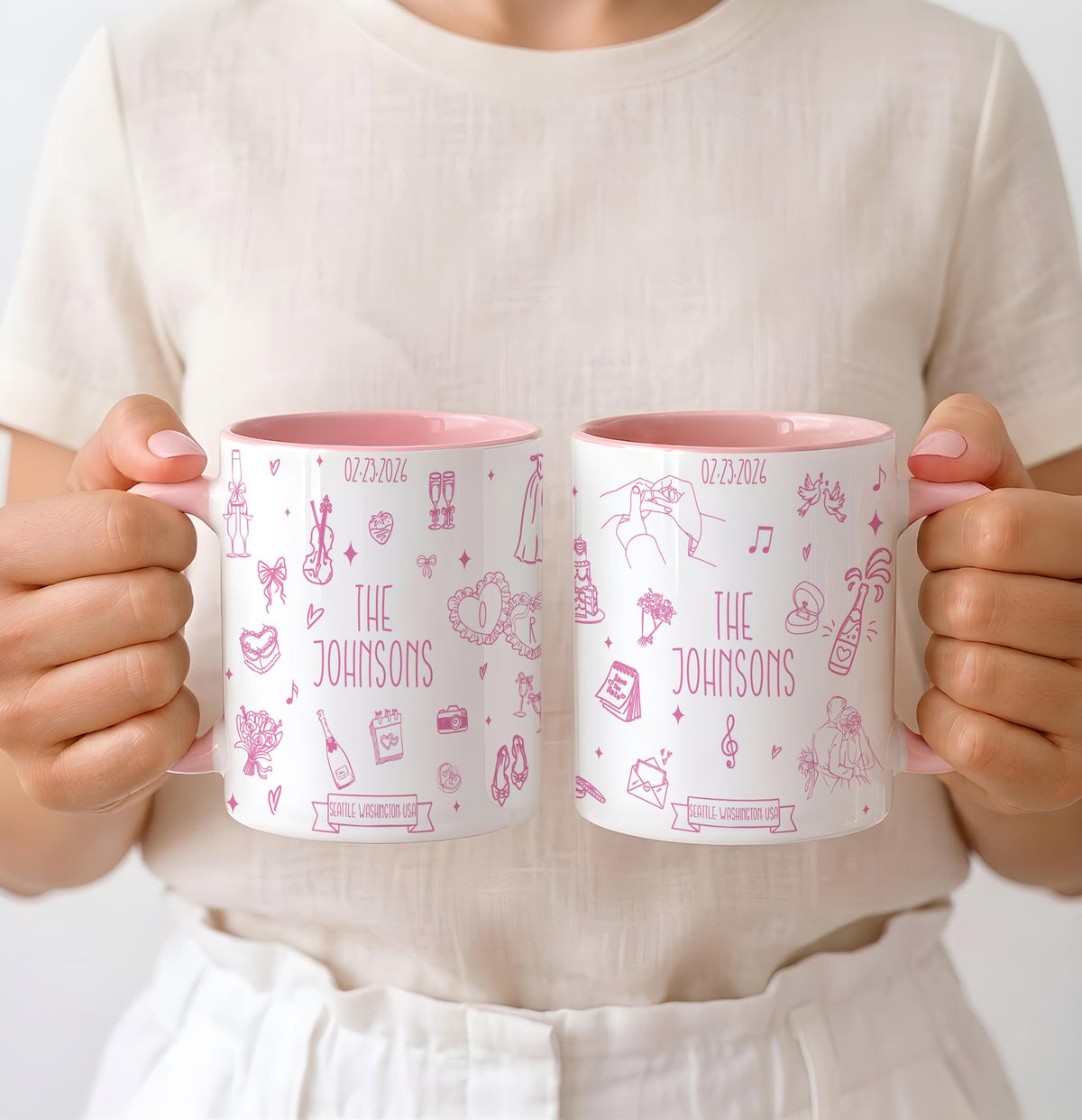 Custom Doodle Wedding Mug Set, Personalized Couple Coffee Cups (11oz or 15oz)
