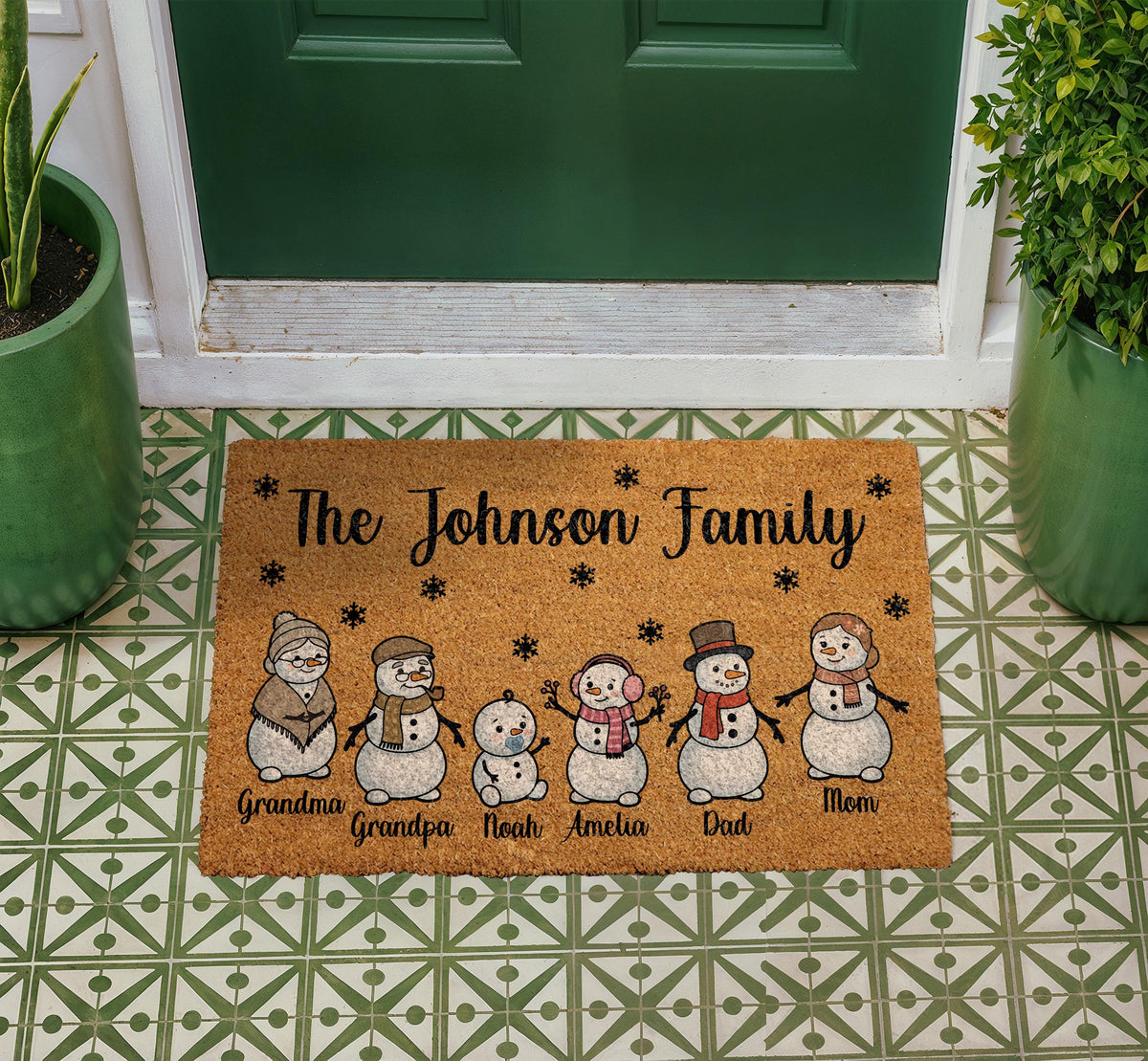 Personalized Snowman Family Doormat, Custom Name Christmas Welcome Mat (Coir)