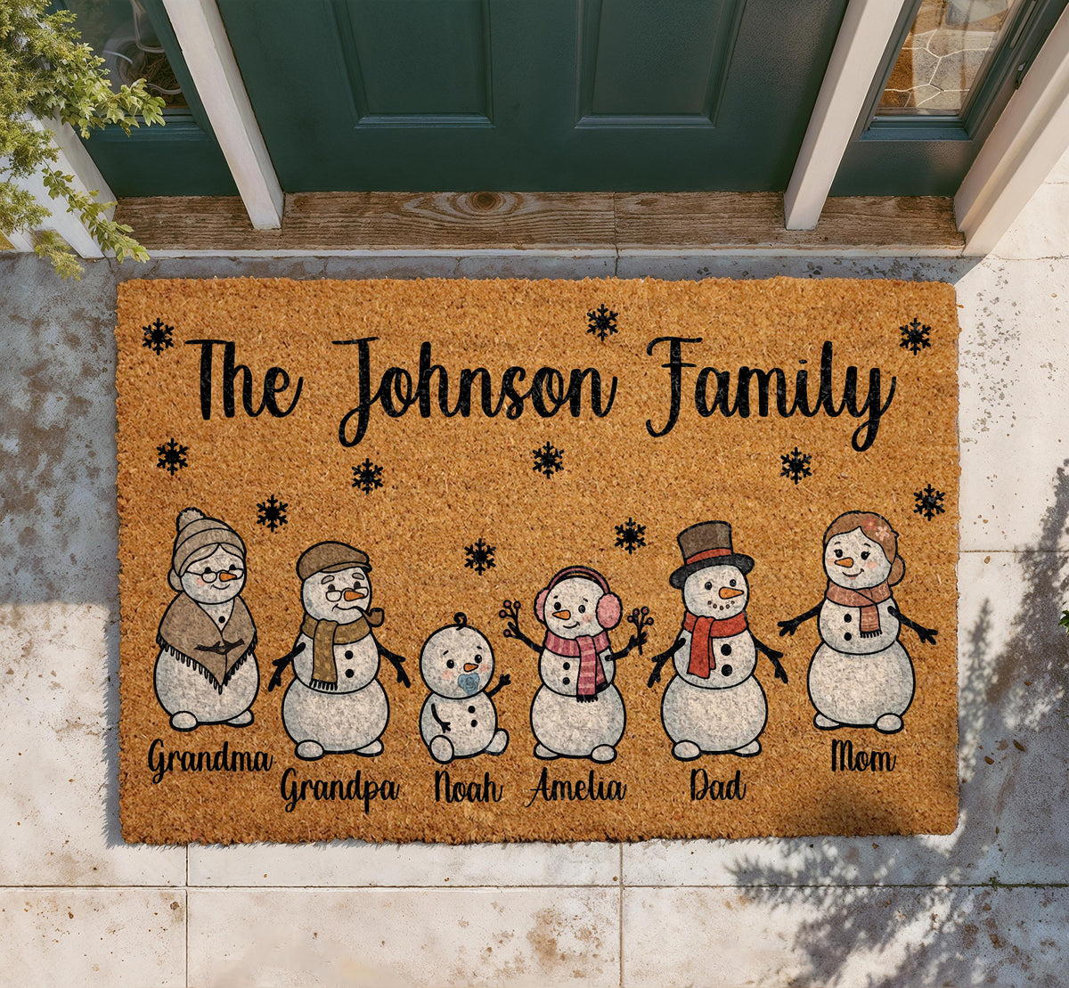 Personalized Snowman Family Doormat, Custom Name Christmas Welcome Mat (Coir)