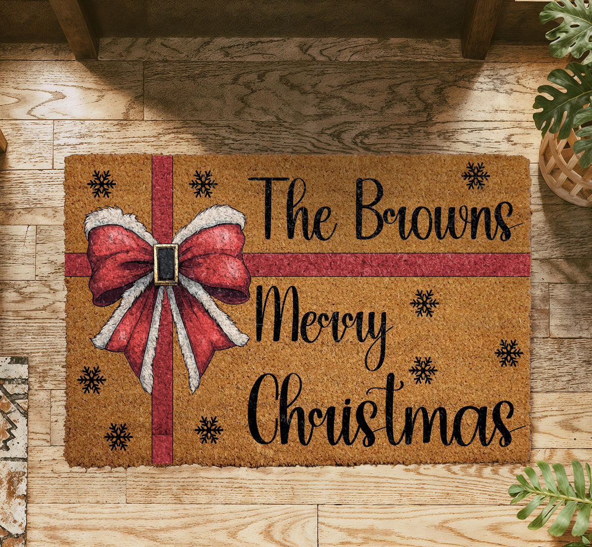 Custom Family Name Merry Christmas Welcome Mat, Santa Porch Decor, Holiday Housewarming Gift