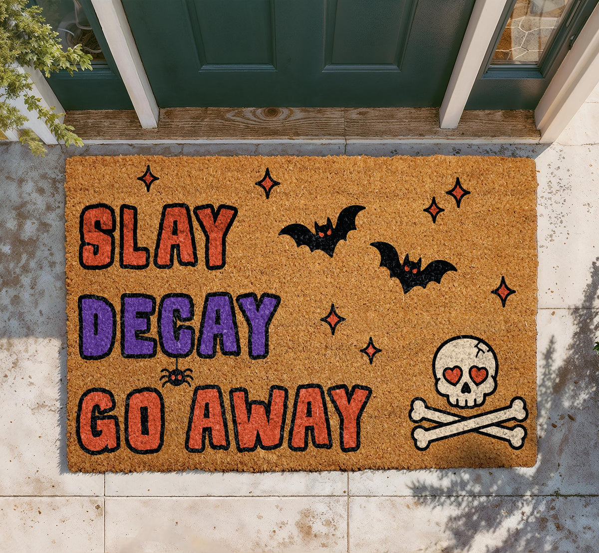 Slay Decay Go Away Halloween Doormat, Spooky Skull Bat Porch Decor