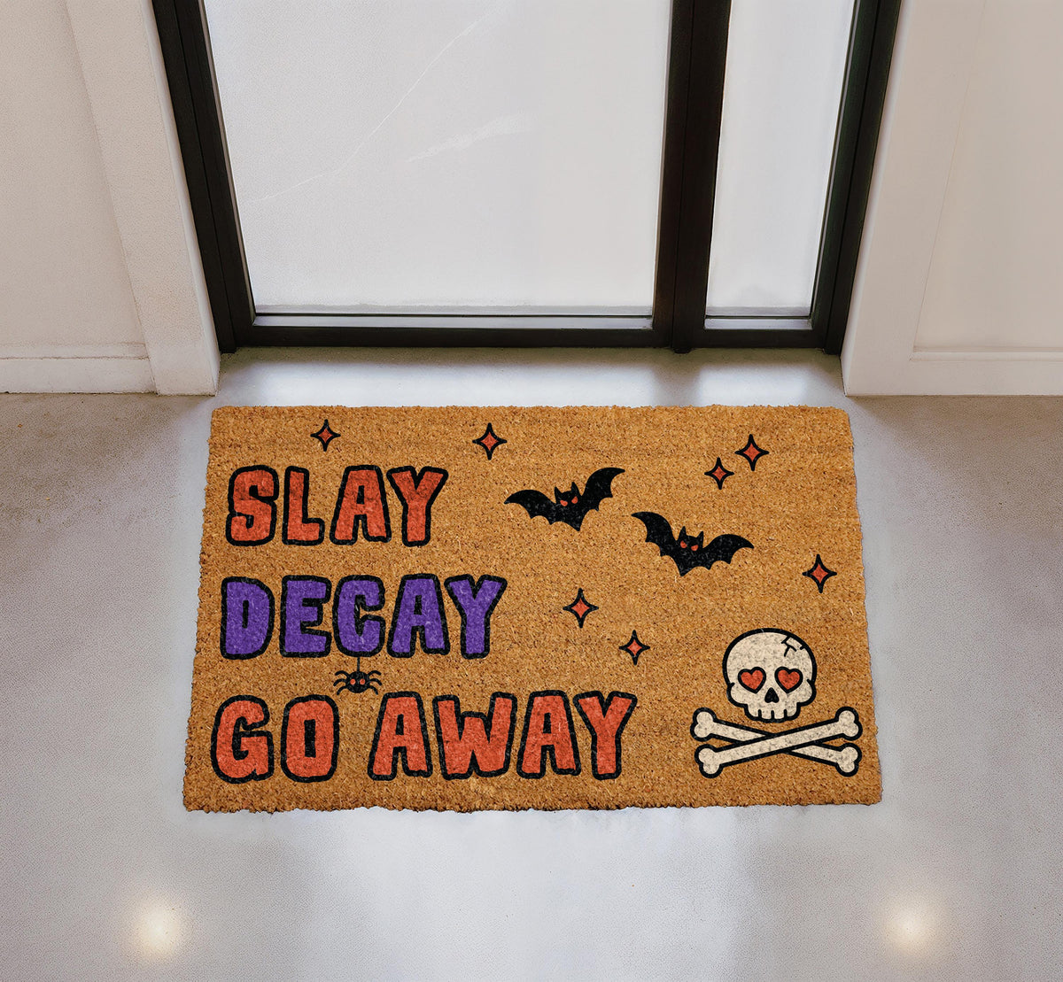 Slay Decay Go Away Halloween Doormat, Spooky Skull Bat Porch Decor