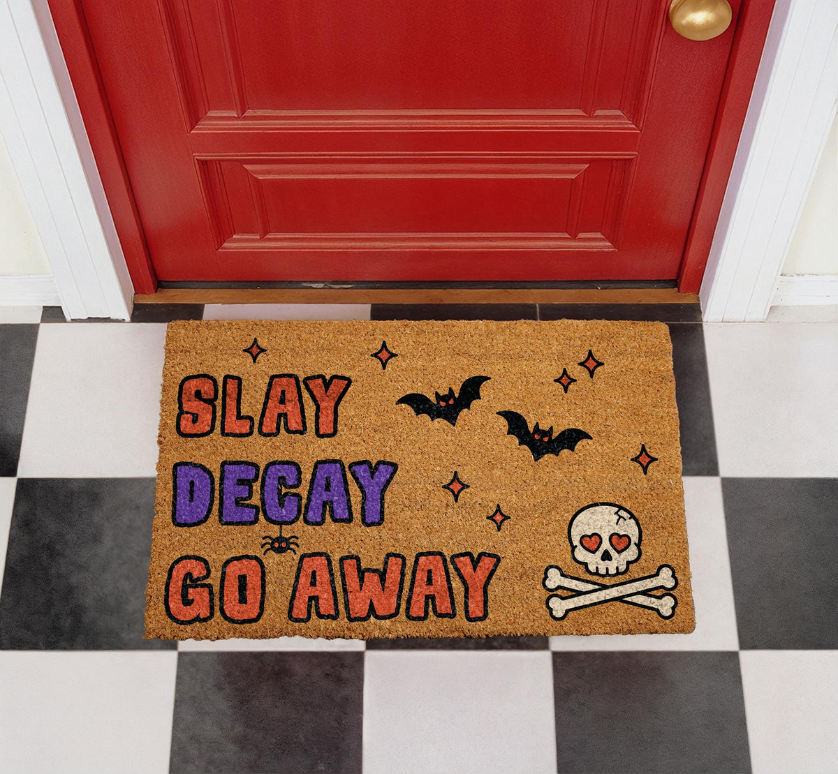 Slay Decay Go Away Halloween Doormat, Spooky Skull Bat Porch Decor